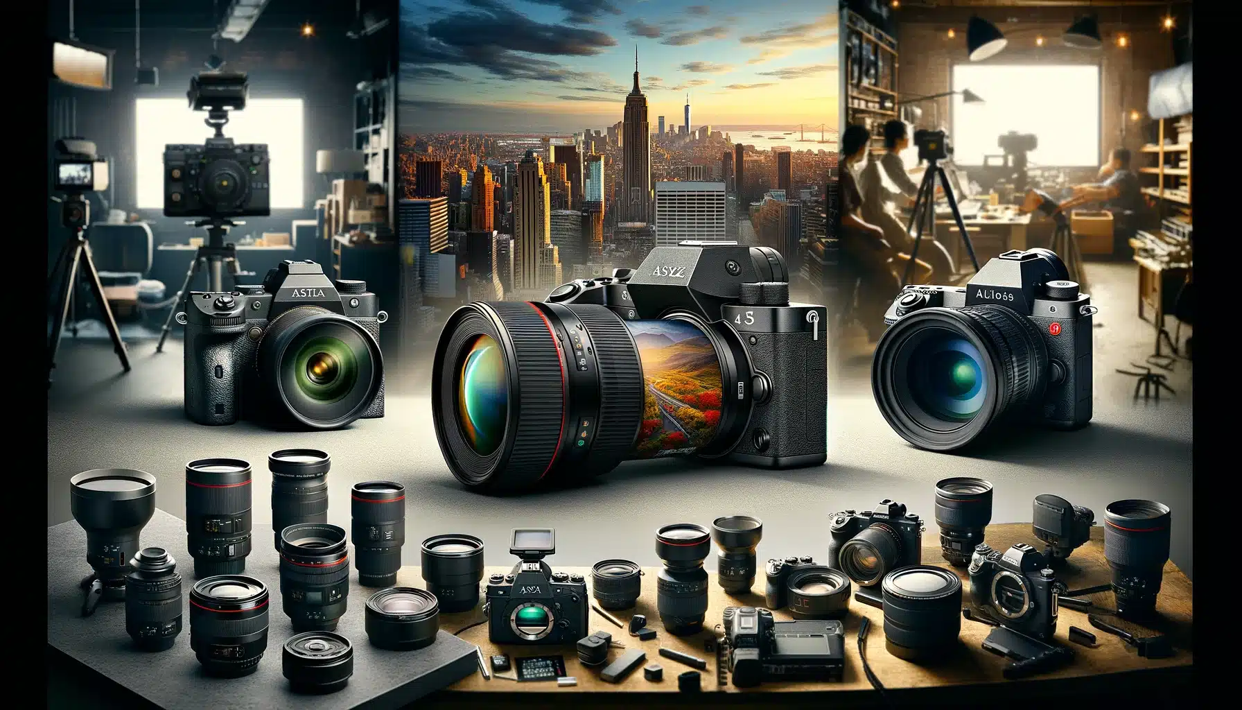 A collage of professional cameras (DSLR, mirrorless, medium format) against backgrounds of a city, nature, and a studio, illustrating the range of professional photography equipment.