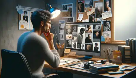 Person sitting at a desktop, brainstorming portrait photography ideas with creative concepts displayed on the computer screen.