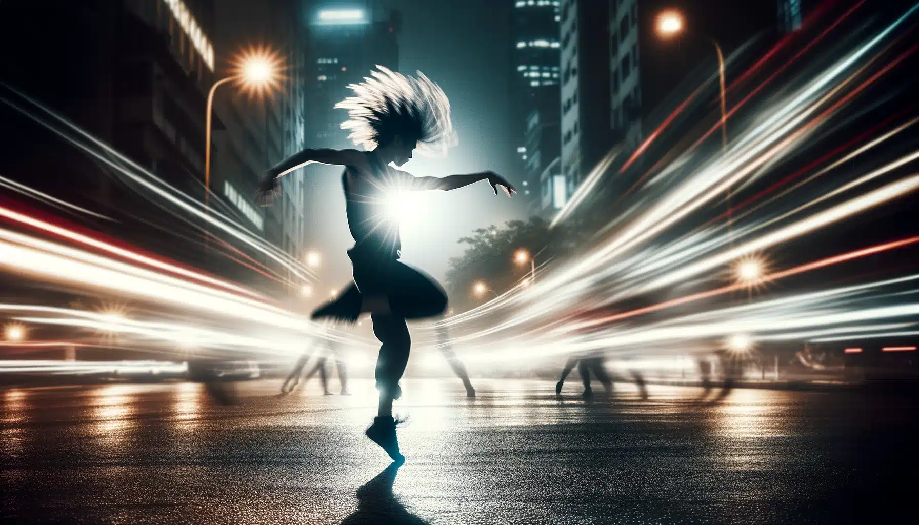 Dancer in sharp focus with motion blur background in an urban night setting, showcasing dynamic movement.