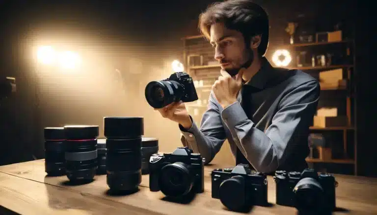 Professional photographer evaluating a camera, with various camera models and lenses on a table in a well-lit studio.
