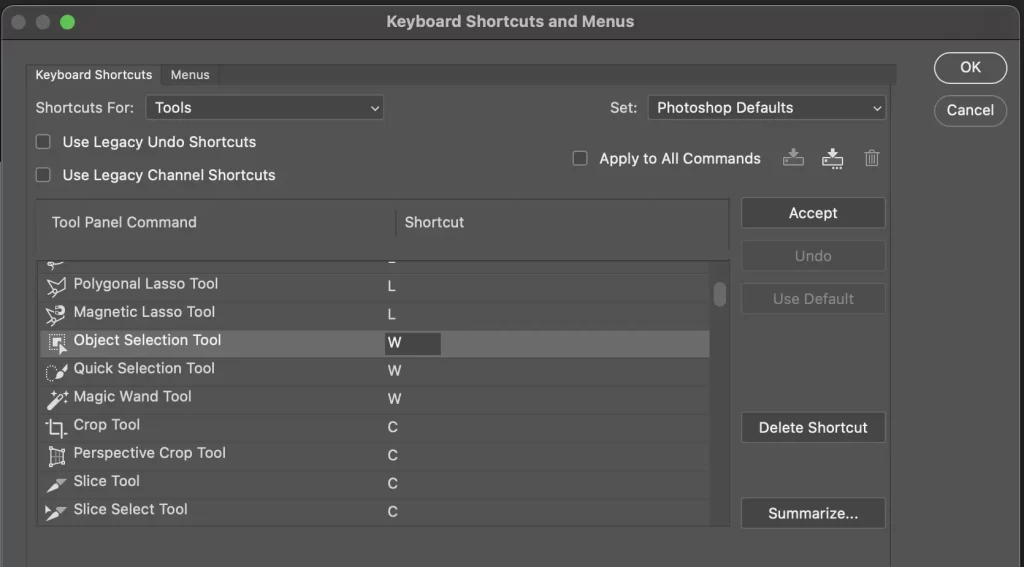 Concise summary of the key shortcuts and hotkeys for quick selection in Photoshop, featuring "W" for the Selection tool,