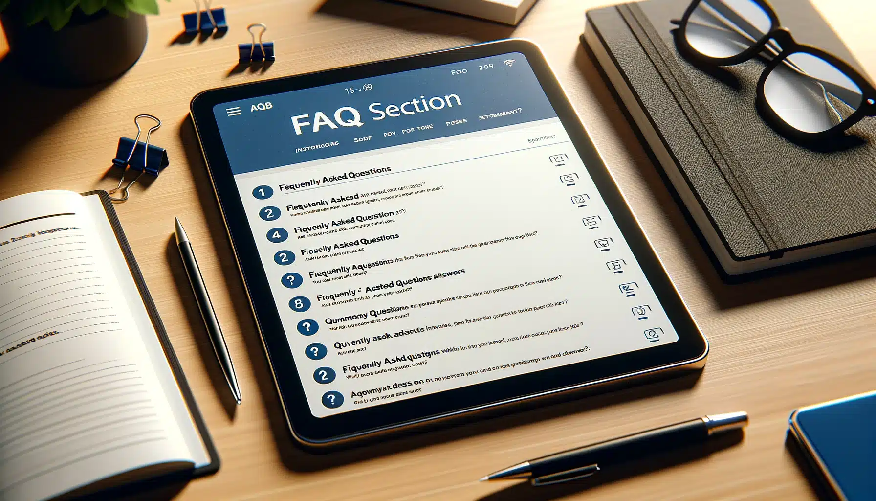 Digital tablet on a desk displaying an FAQ section, surrounded by office items.