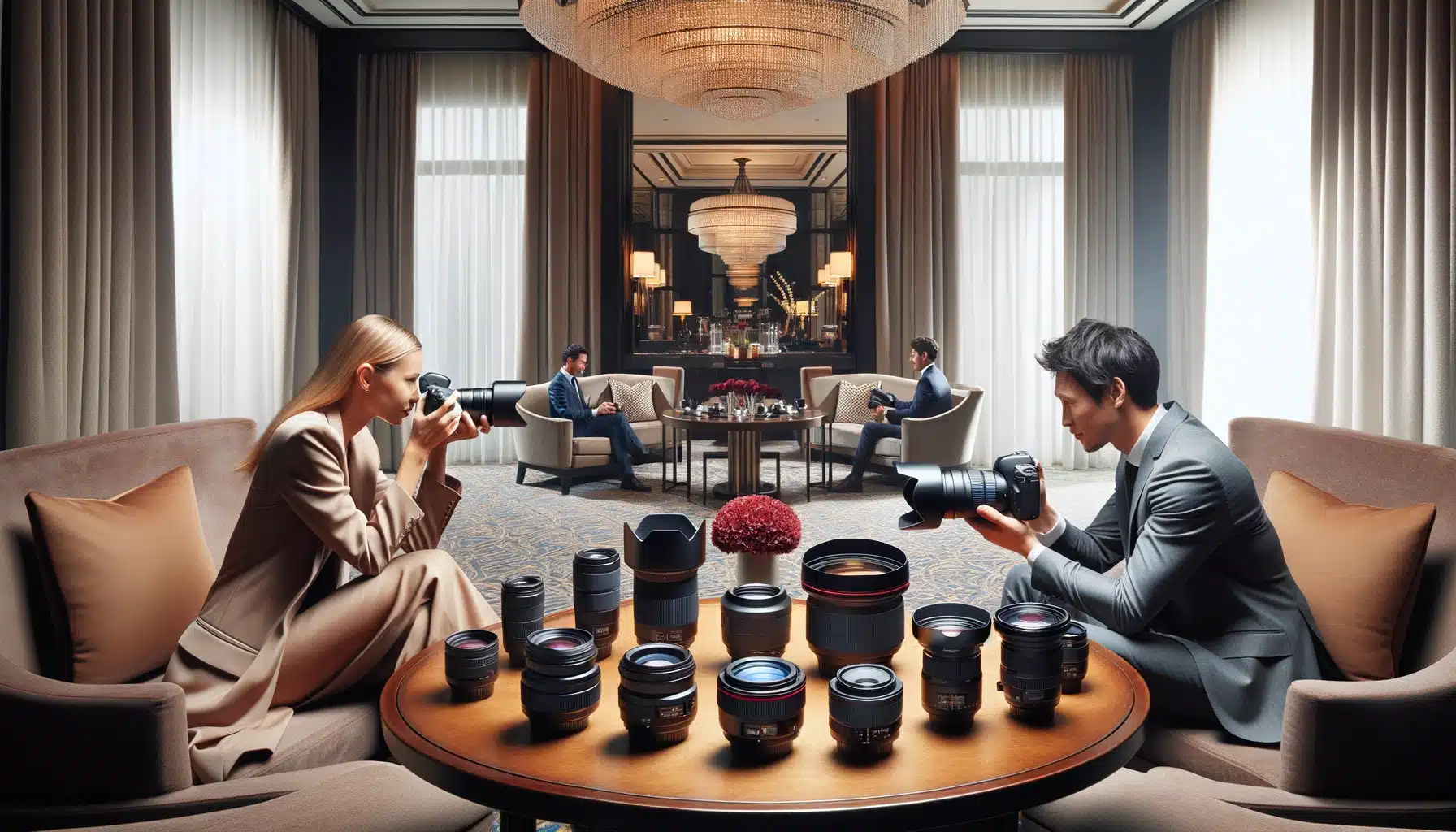 Two photographers in a hotel capturing portraits of people, with various camera spectacles such as wide-angle and telephoto on the surrounding tables.