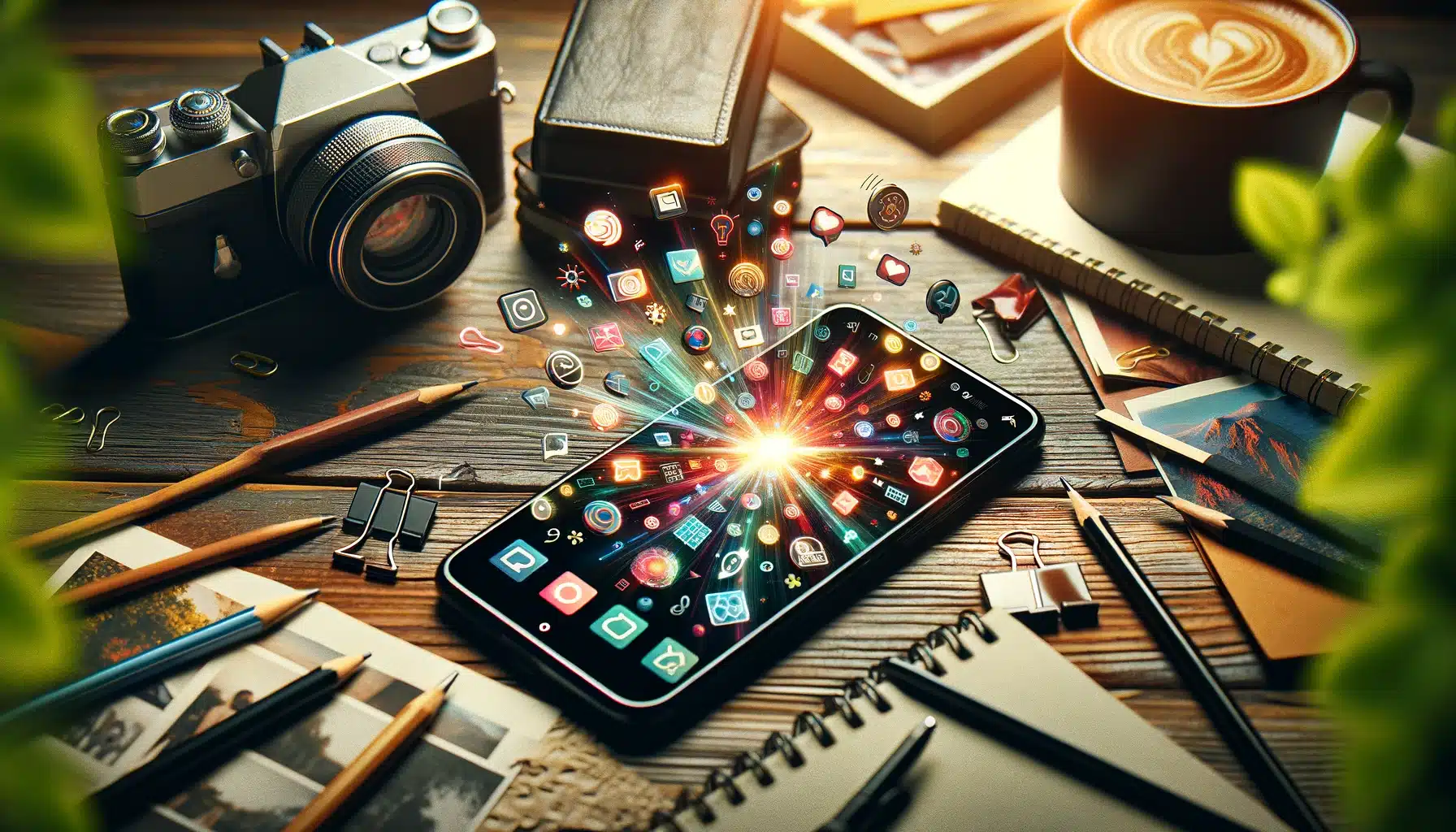 Smartphone on a desk displaying abstract icons of photo editing apps, surrounded by photography equipment and notes, representing a guide to best mobile photo editing apps.