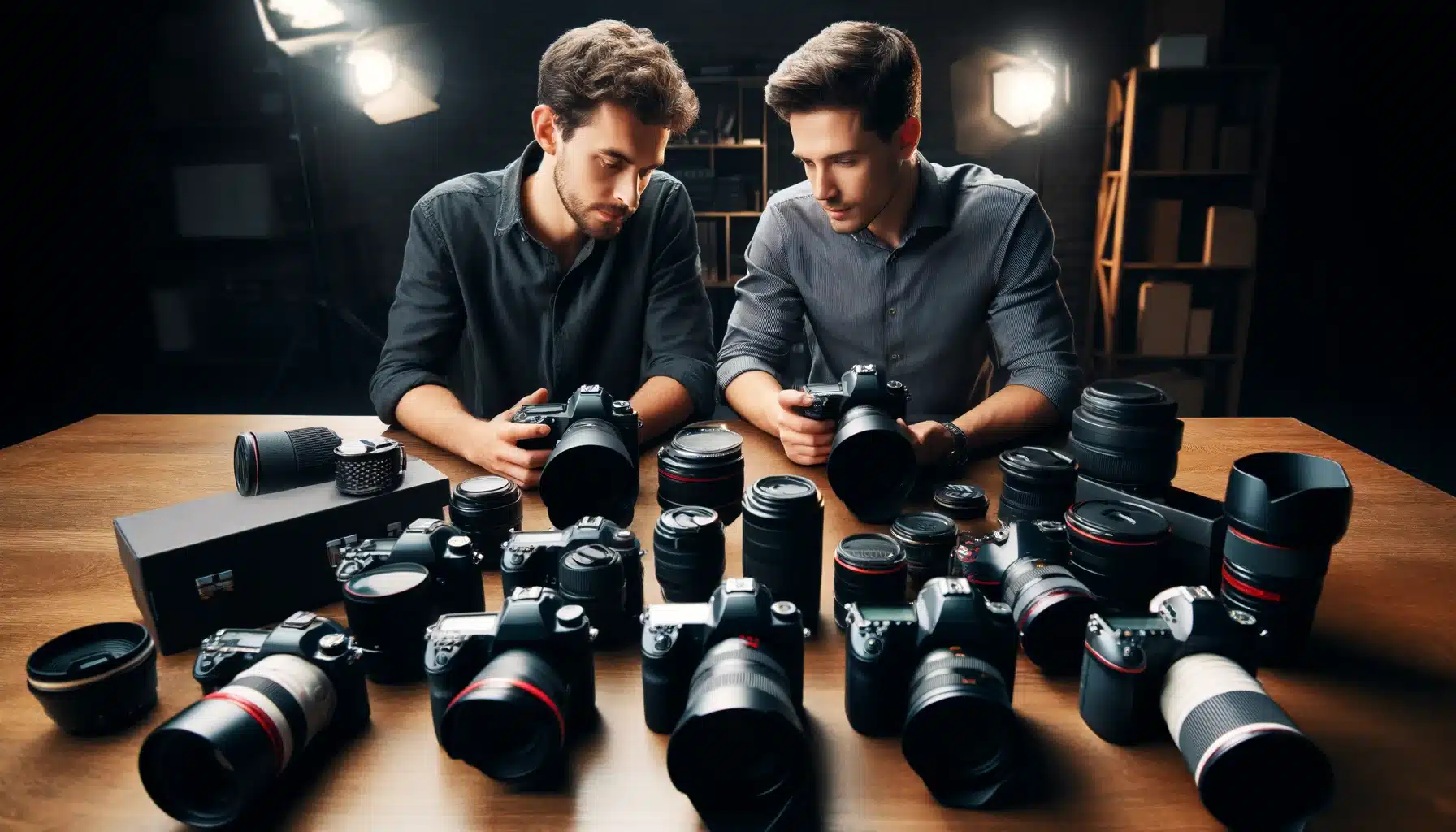 Two photographers in a studio assessing their high-end Camcorders, with a variety of professional Camcorders and lenses displayed nearby.