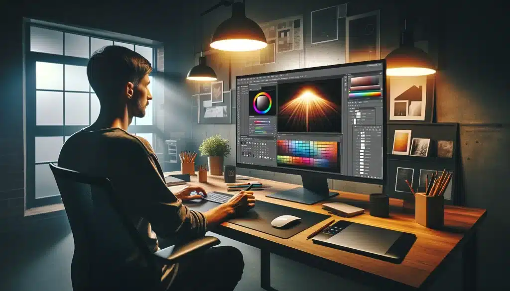 Graphic designer exploring practical gradient applications in Photoshop to enhance digital projects, set in a modern workspace.