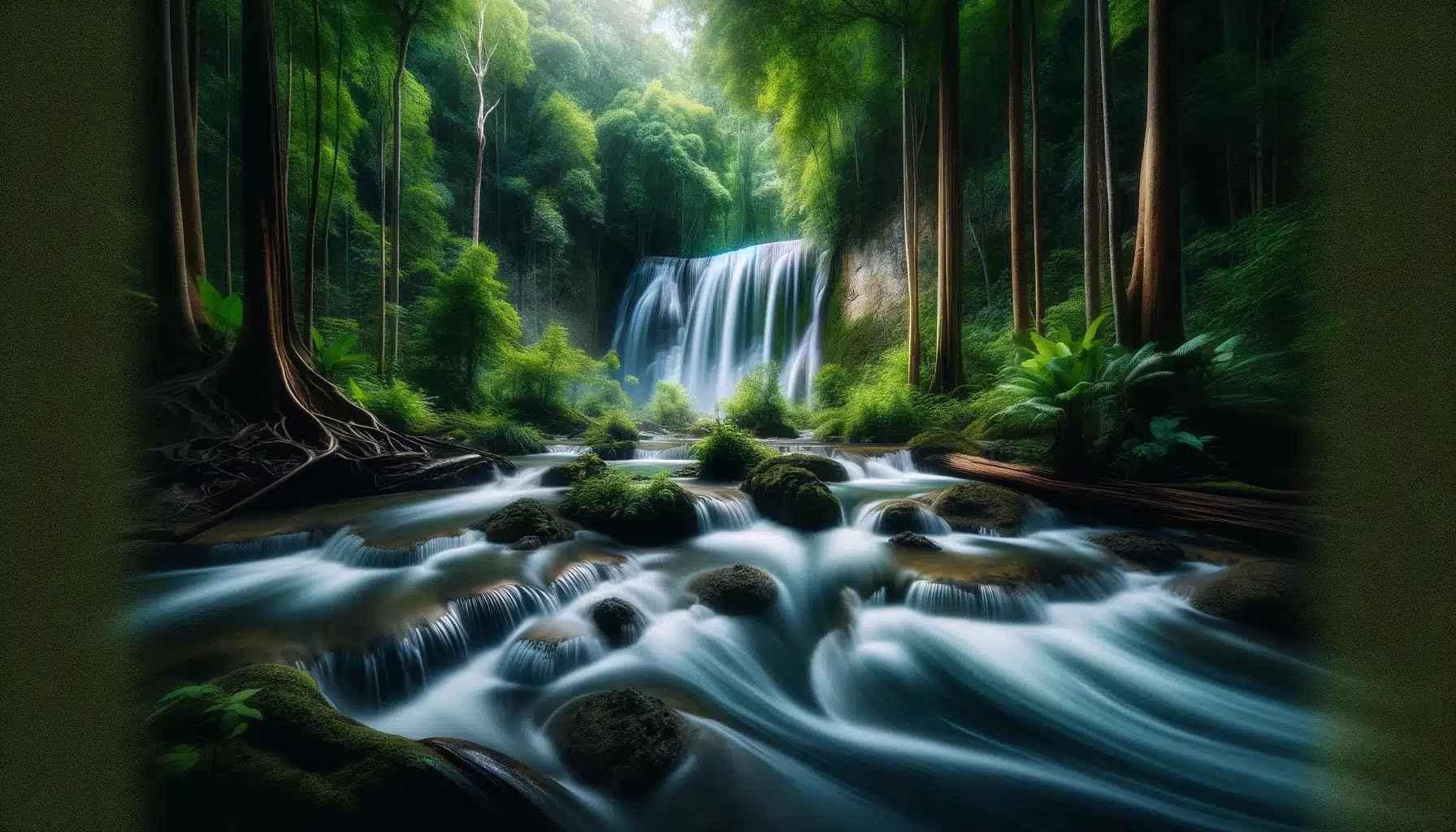 Waterfall in a lush forest with transit dim effect, creating a smooth, silky water flow against a stationary background