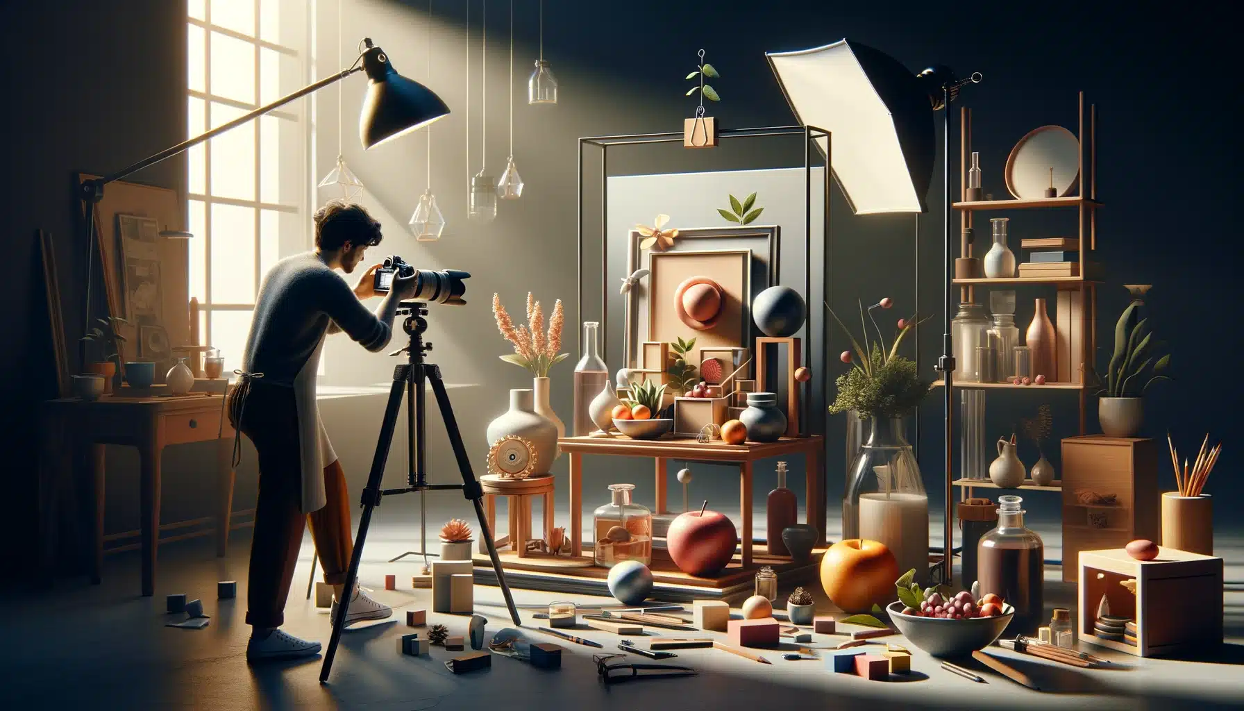Photographer in studio adjusting camera on tripod to capture a still life setup demonstrating composition principles with varied textures, light, and colors.