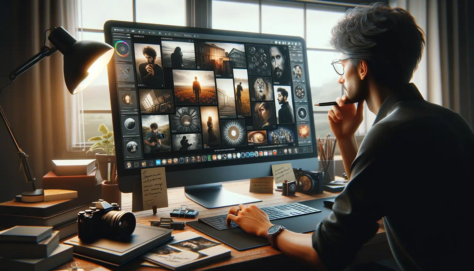 Person at a desktop computer exploring various snapshot goal and Shooting techniques.