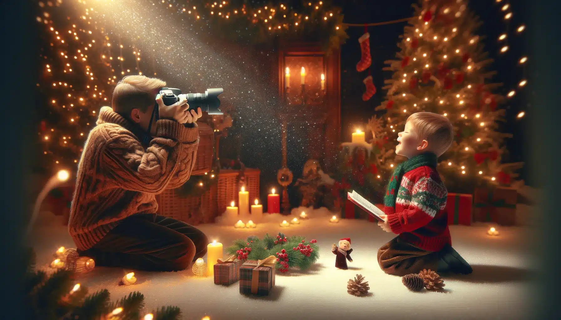 Infancy caroling on the ground captured by a Shooter, surrounded by festive decorations.