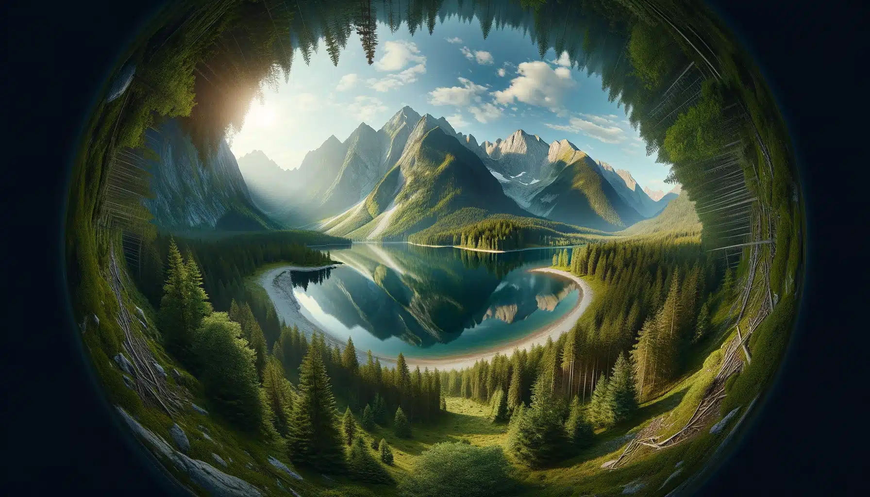 Full-sphere picture view of a serene mountain landscape, with majestic mountains, a reflective lake, and lush greenery, creating an natural experience.