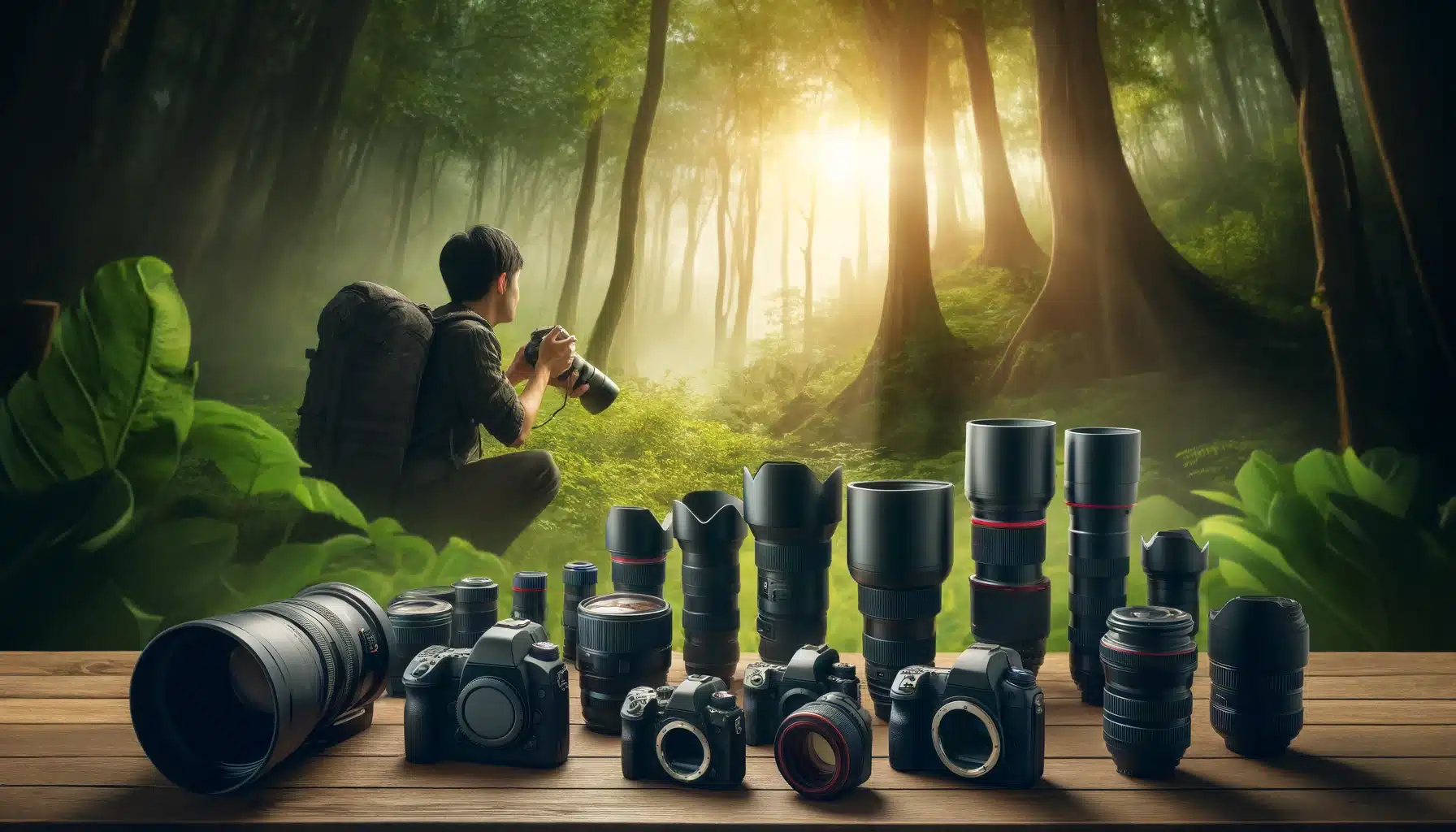 Photographer in a forest examining different Camcorders, with a picking of professional photography equipment laid out nearby.