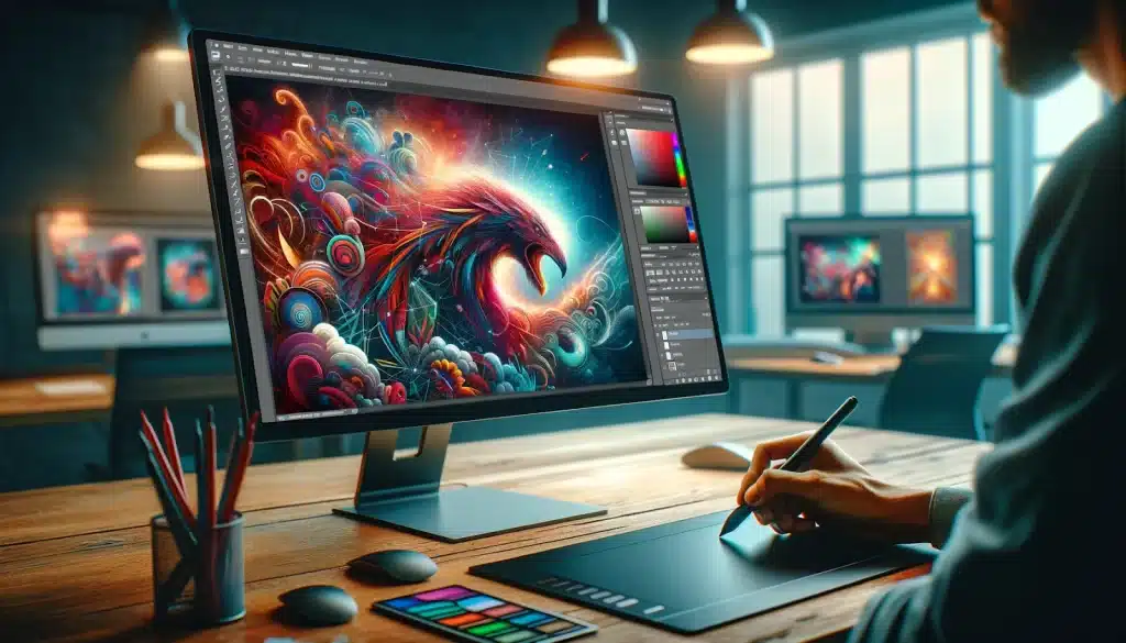 Dynamic workspace showcasing Photoshop Beta's interface on a widescreen display, with a designer artistically engaged in digital creation.
