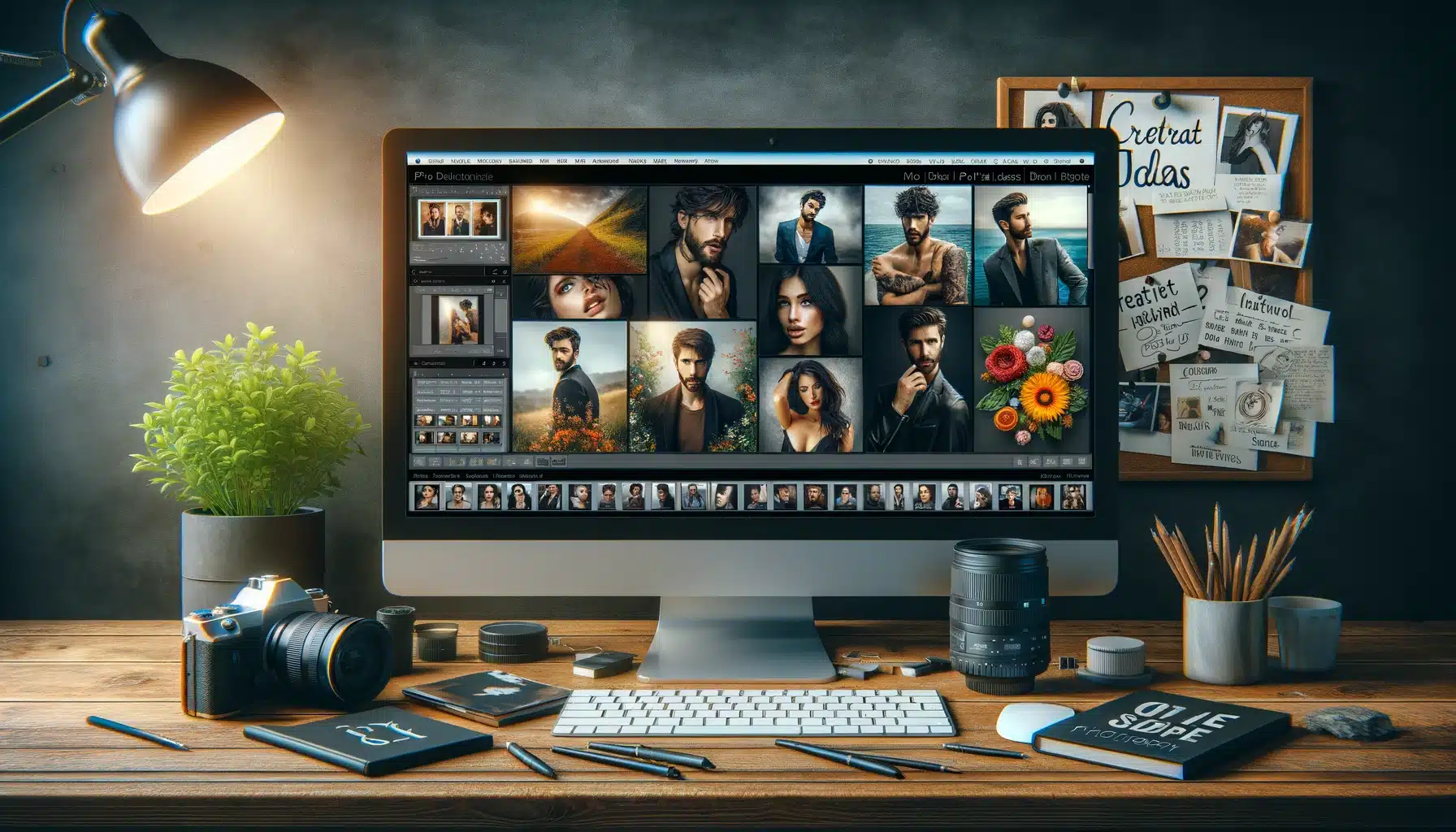 Desktop screen displaying creative portrait ideas and photography tips within a photo editing software interface.