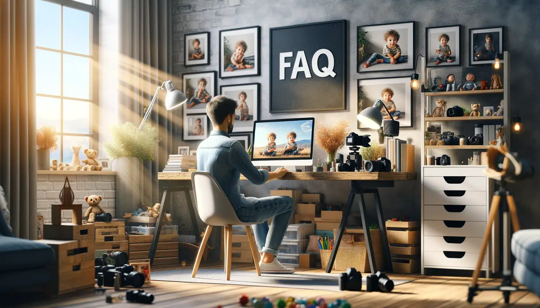 Shooter at a desk with a laptop showing 'FAQ for Adolescence shooting purpose, surrounded by shooting equipment and framed shooter's photos in a well-lit room.