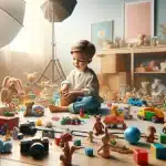 Child sitting surrounded by colorful toys, in a playful and well-lit setting for child photography.
