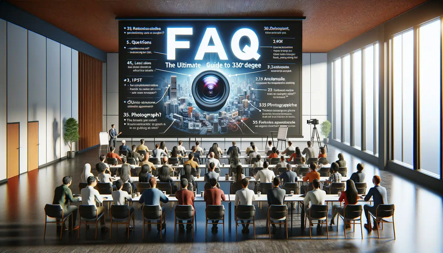 A seminar room with a diverse audience looking at a screen displaying FAQs about portrait, highlighting an educational and engaging environment.