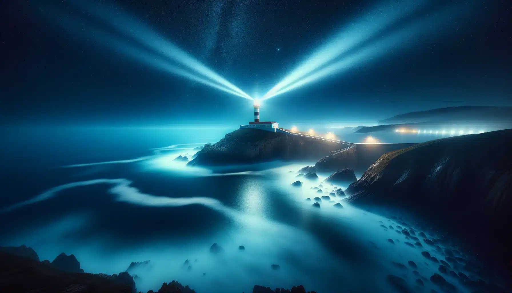 Coastal nightscape with a lighthouse, its beam creating an arc in long exposure photography, against a starry sky and smooth ocean.