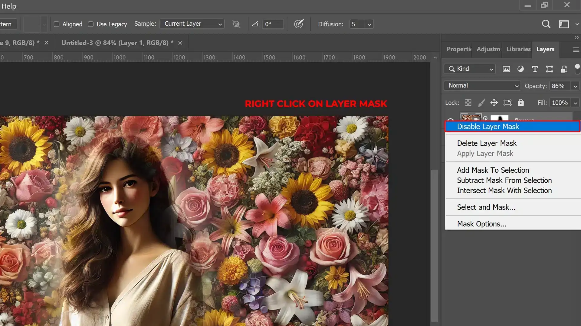 Ps interface showing the management of non-destructive overlays in the layers panel with the option to disable the mask.