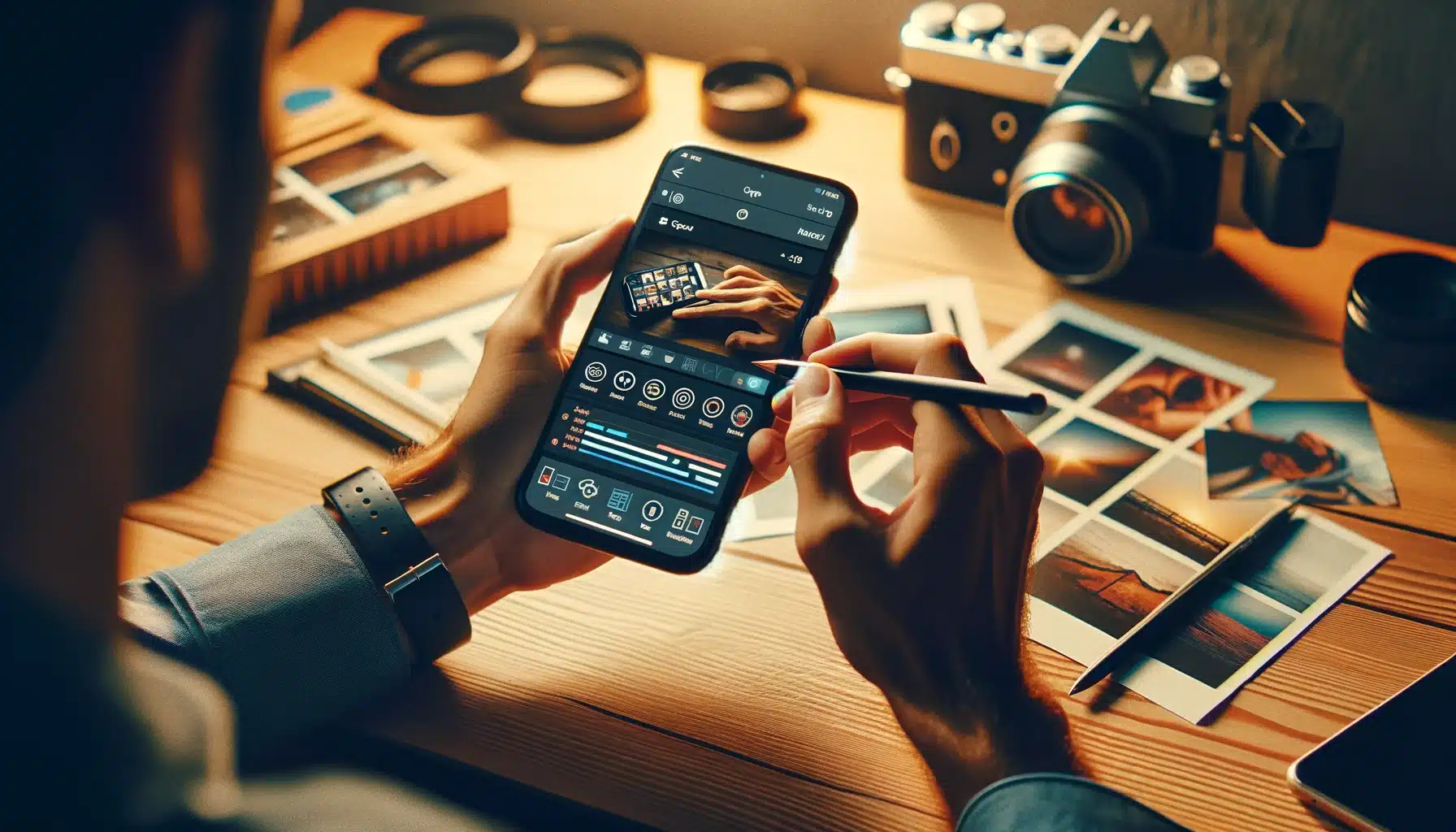 Person at a desk using a smartphone with a photo editing app, surrounded by photography equipment, illustrating the use of mobile apps for photo editing.