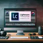 Desktop computer in a professional workspace showing Adobe Lightroom's interface for a training guide, with photography equipment and editing notes on the desk.
