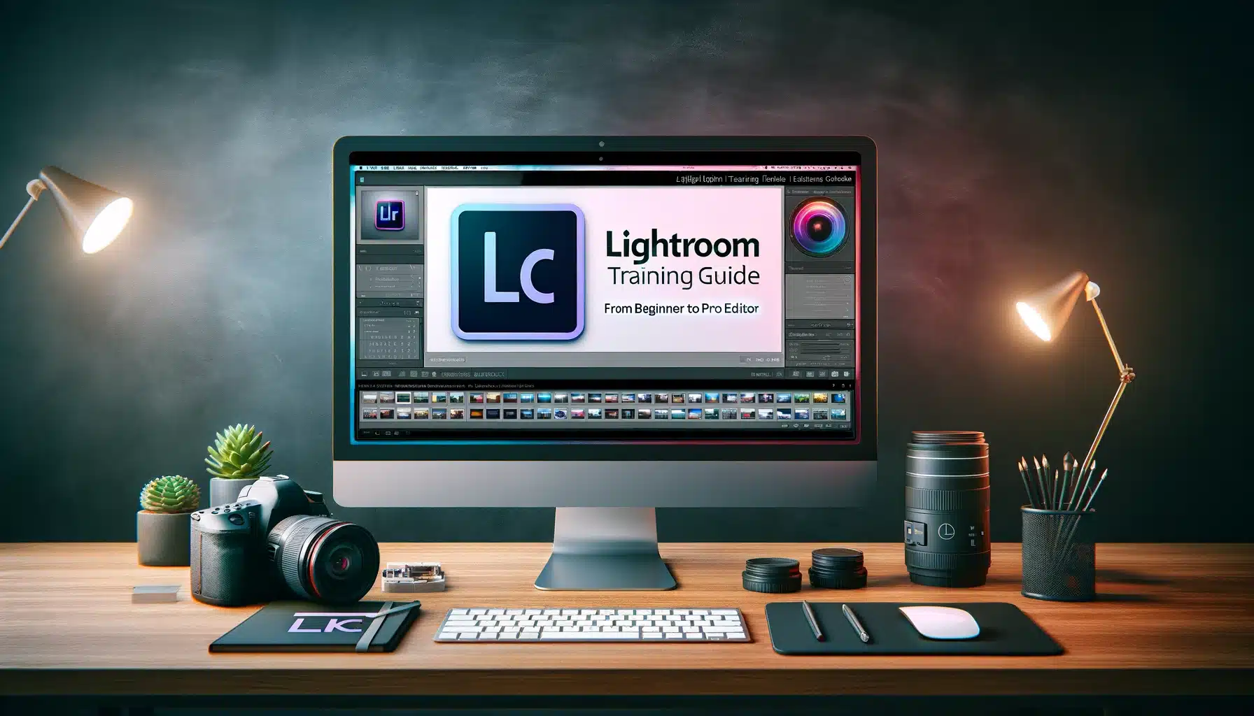Desktop computer in a professional workspace showing Adobe Lightroom's interface for a training guide, with photography equipment and editing notes on the desk.