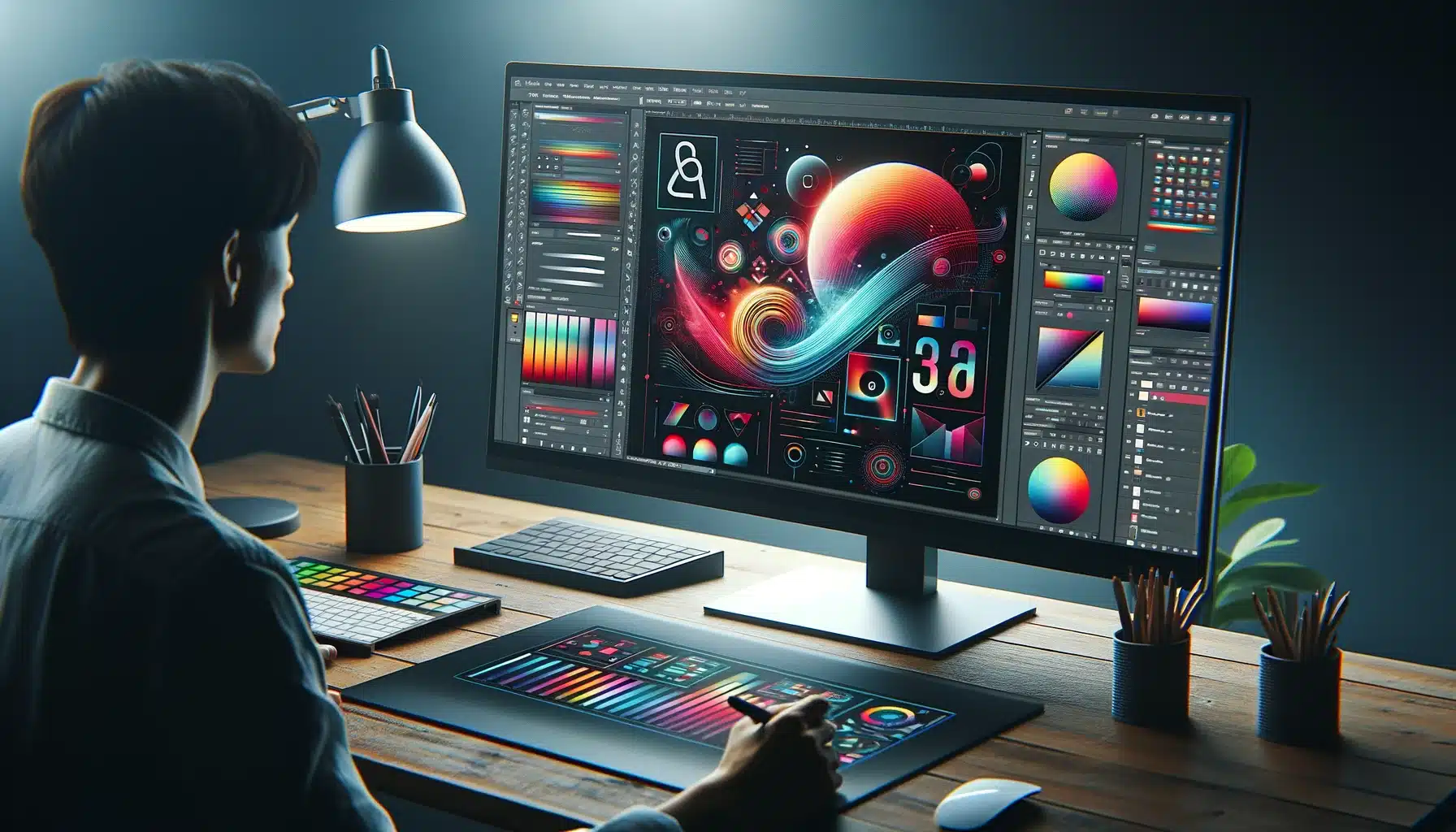 Graphic designer applying advanced gradient effects on text in Photoshop, demonstrating skill in a modern design workspace.