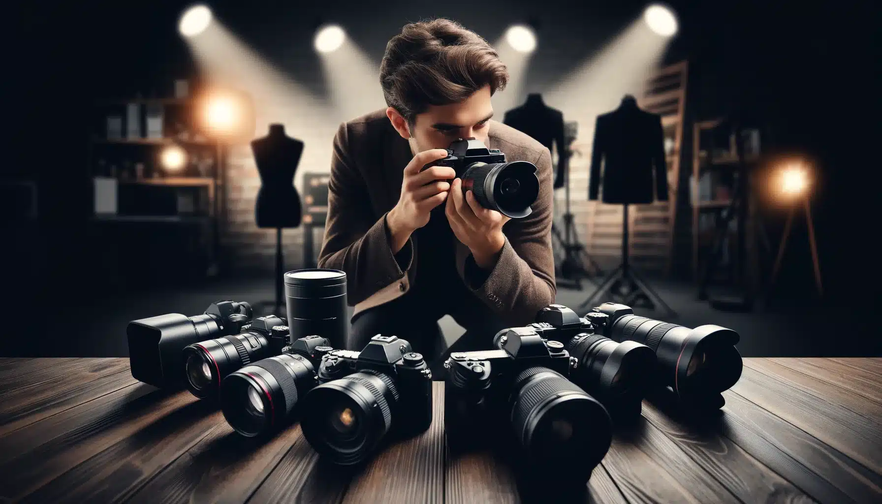 Photographer in studio taking a photo, surrounded by various professional cameras and lenses, showcasing a comparison of equipment.