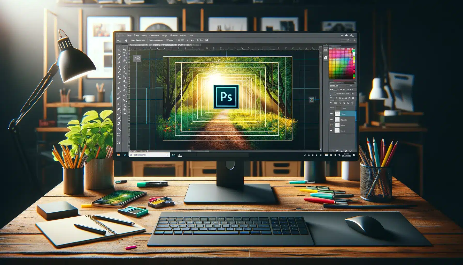 A computer monitor displays Photoshop's cropping tool in a creative workspace