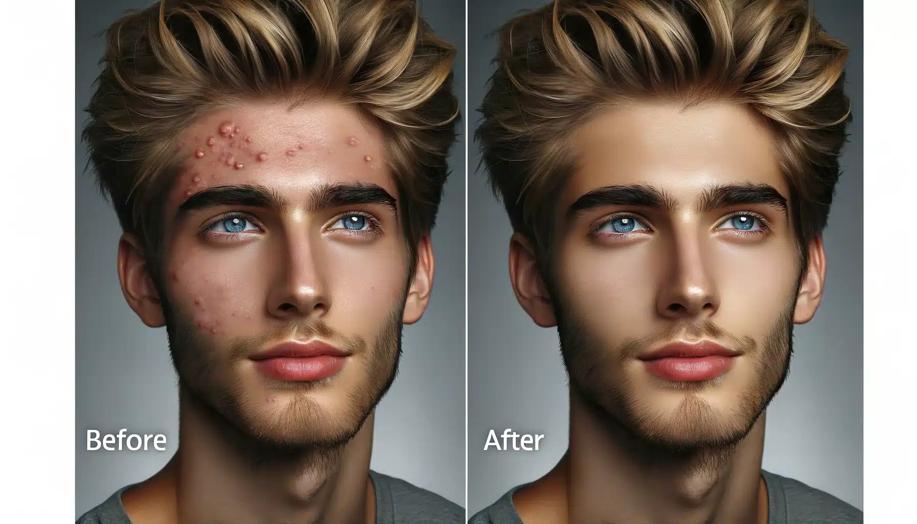 Before and after comparison of a male depiction, showing clear dermis and reduced imperfections.