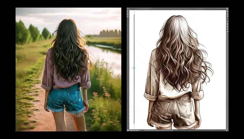A side-by-side image of a girl in a natural setting on the left, and on the right, a detail of her flowing hair with a white border.