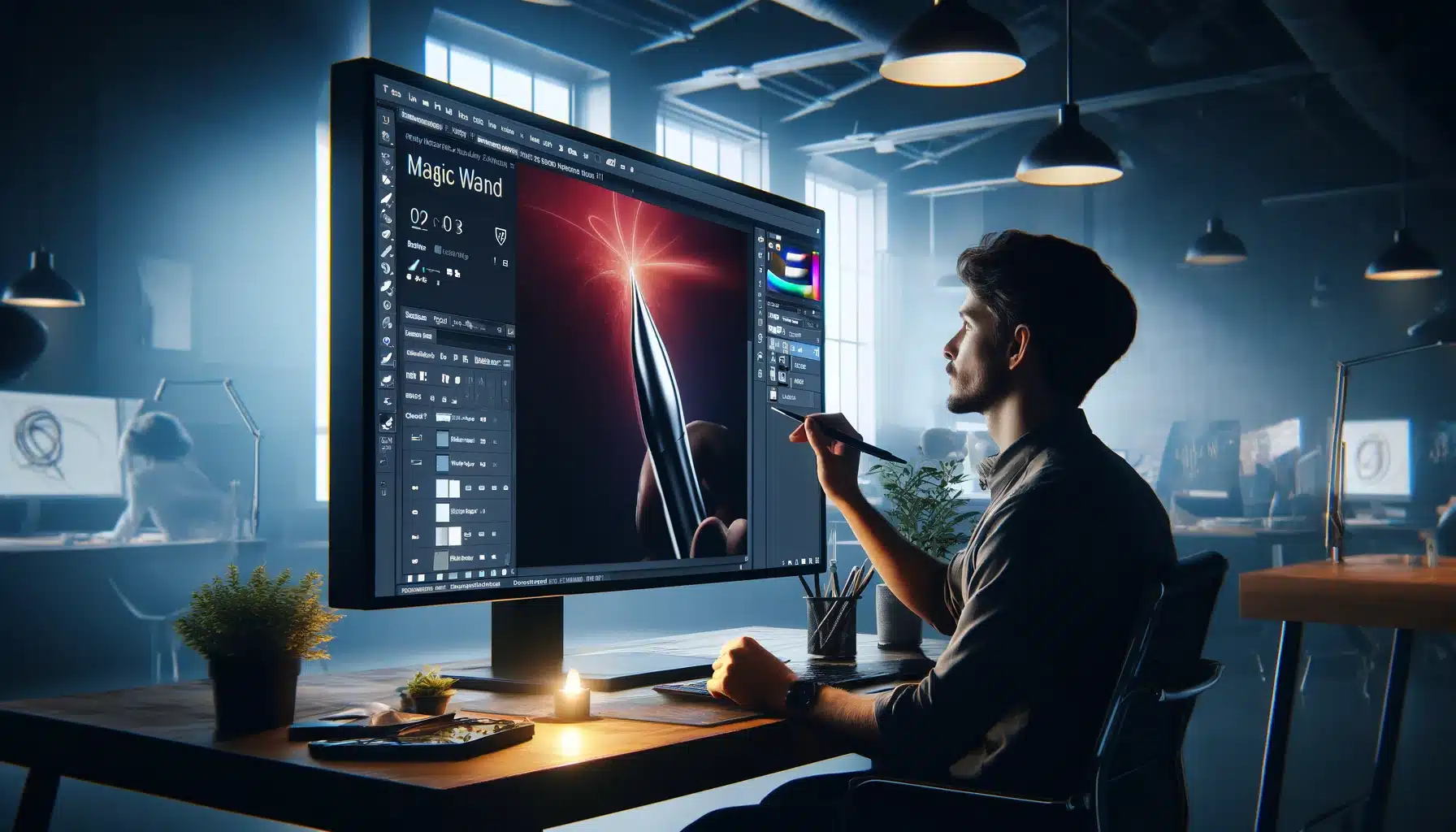 Professional graphic designer using the Magic Wand Tool in Photoshop on a monitor in a modern workspace, showcasing expertise in digital art manipulation.