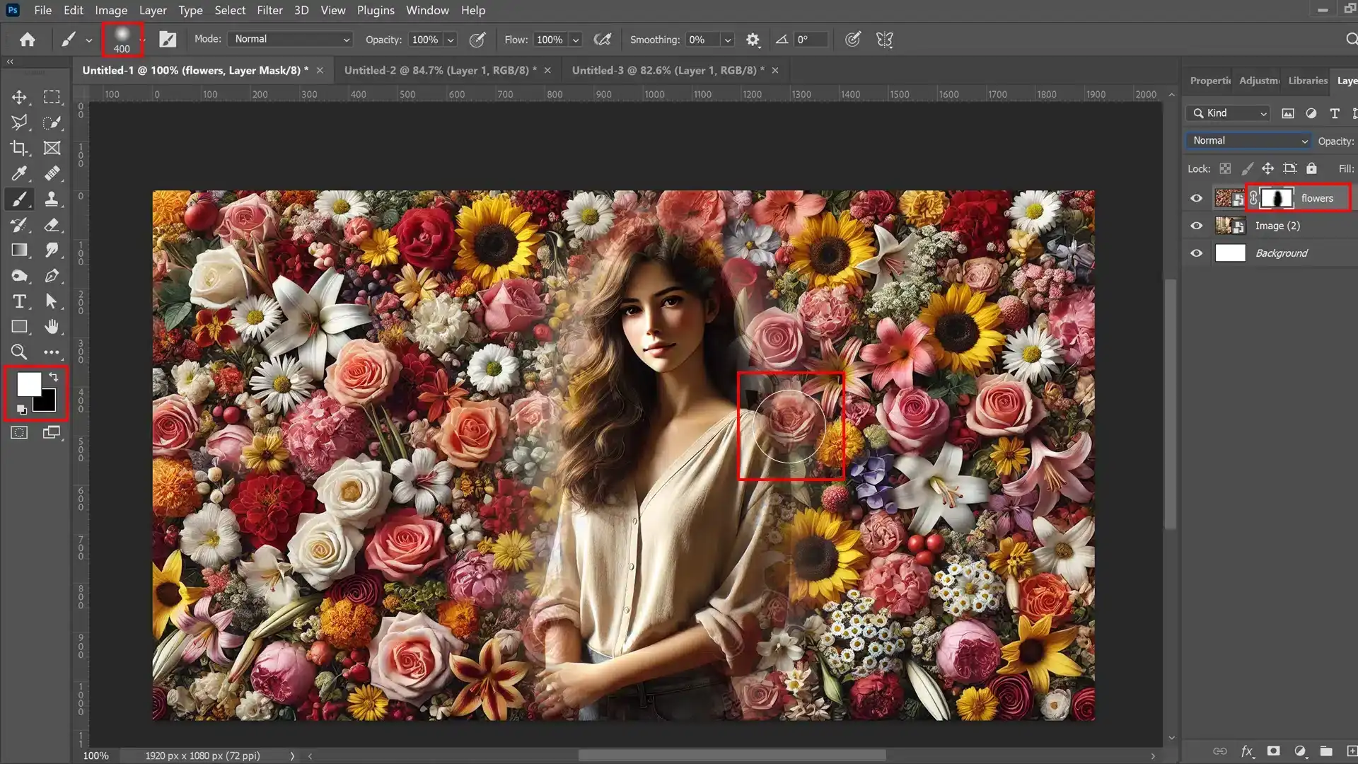 Ps interface shows advanced techniques for refining non-destructive overlays using brush tools.