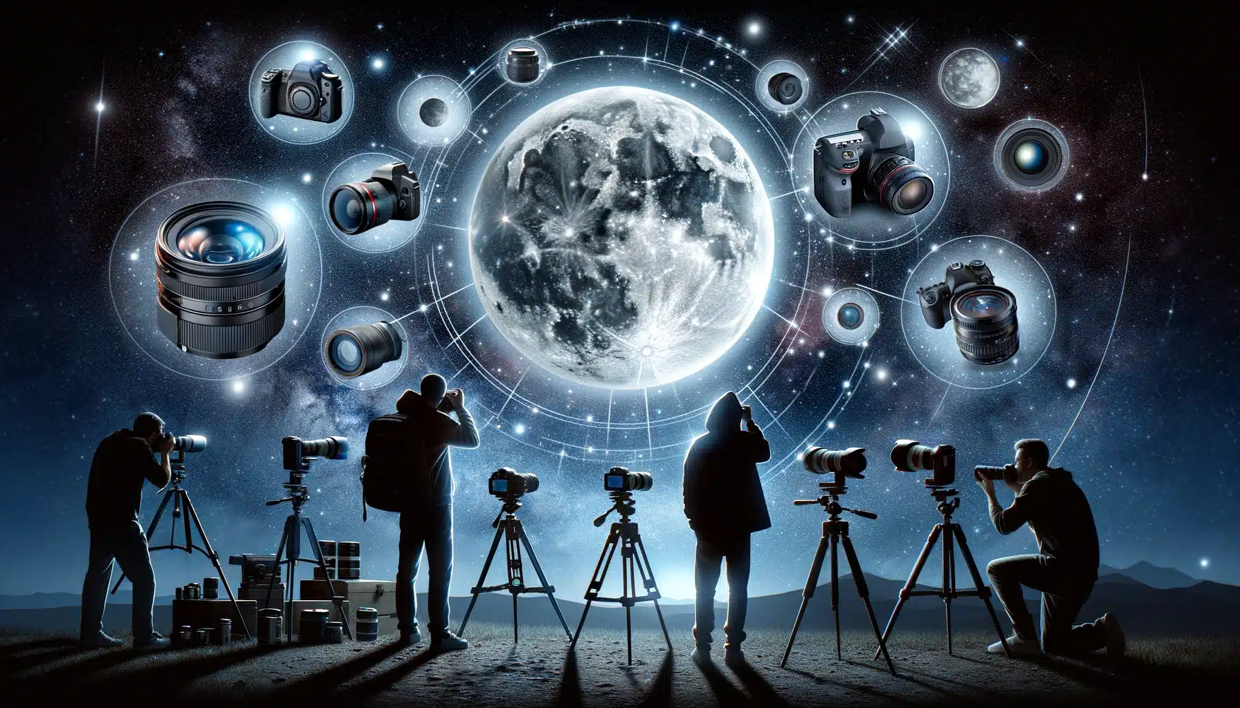 Two photographers capturing the moon and stars at night, surrounded by various professional Camcorders and lenses for comparison.