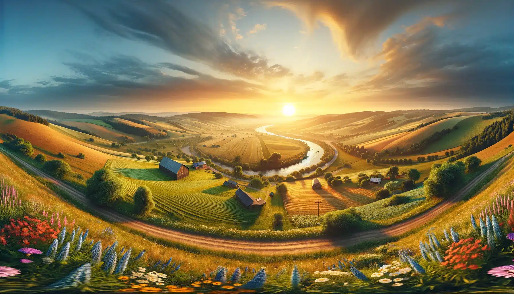 A Panoramic view of a peaceful countryside landscape at sunset, featuring rolling hills, wildflower fields, a winding river, and farmhouses.