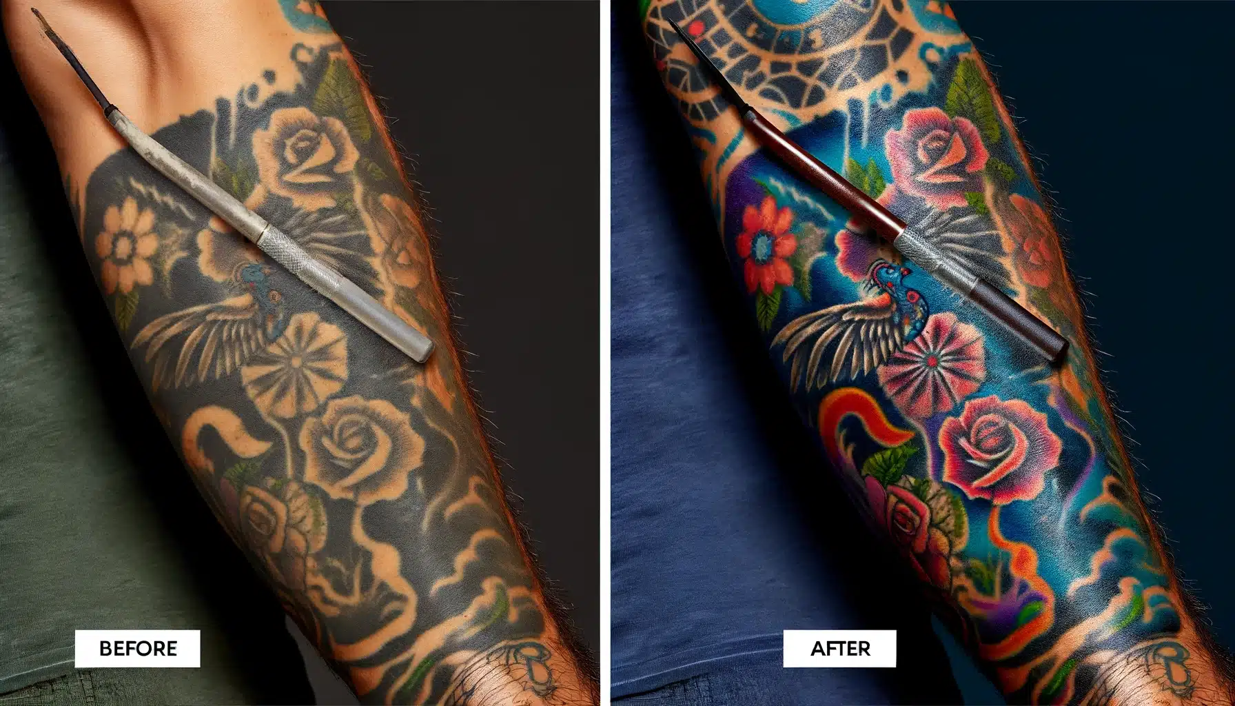 Before-and-after Software modification on an arm tattoo, showing faded colors becoming vibrant and details sharpened.