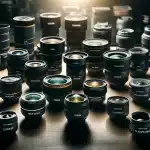 A collection of different camera lenses, including wide-angle, telephoto, prime, zoom, macro, and fisheye, displayed and labeled on a table in a studio setting.