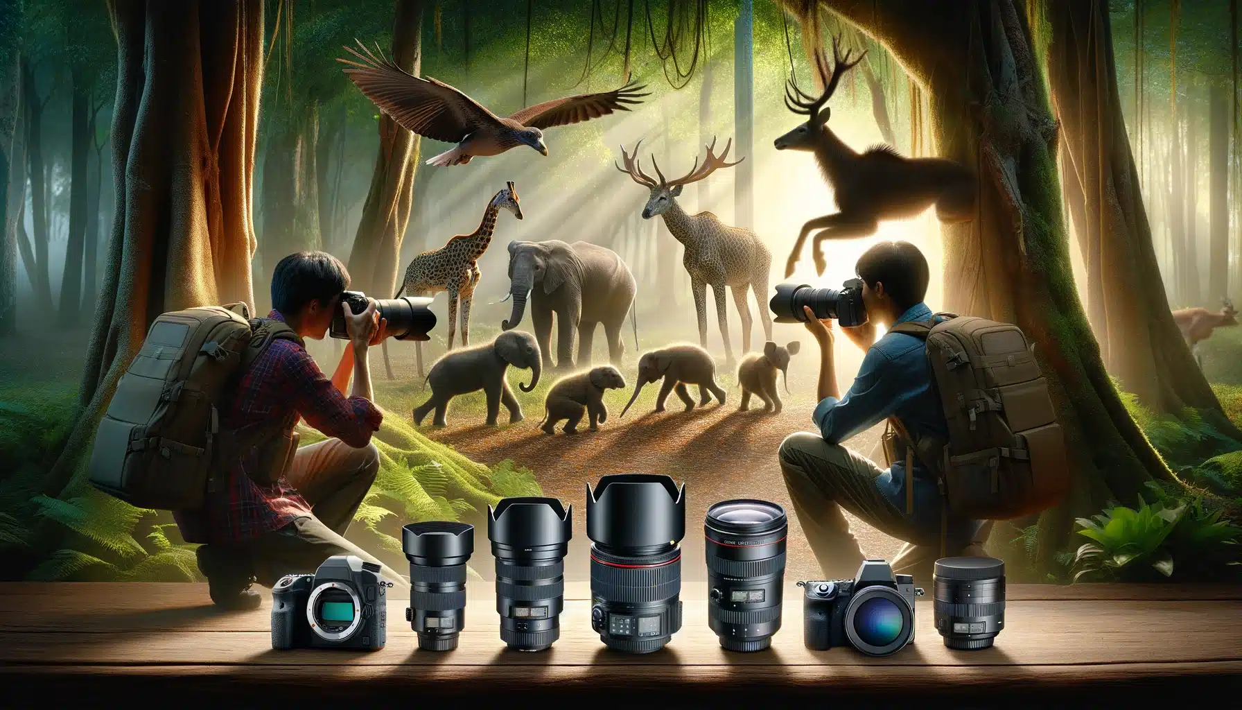Two photographers in a forest capturing wildlife, with various professional Camcorders and lenses arrayed nearby for comparison.
