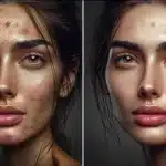 Before and after Photoshop skin retouching portrait, transitioning from natural imperfections to flawless complexion.