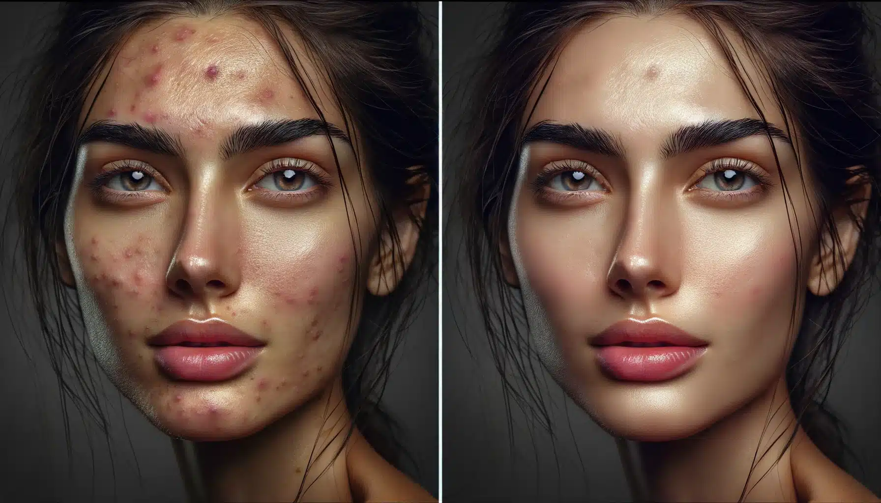 Before and after Photoshop skin retouching portrait, transitioning from natural imperfections to flawless complexion.
