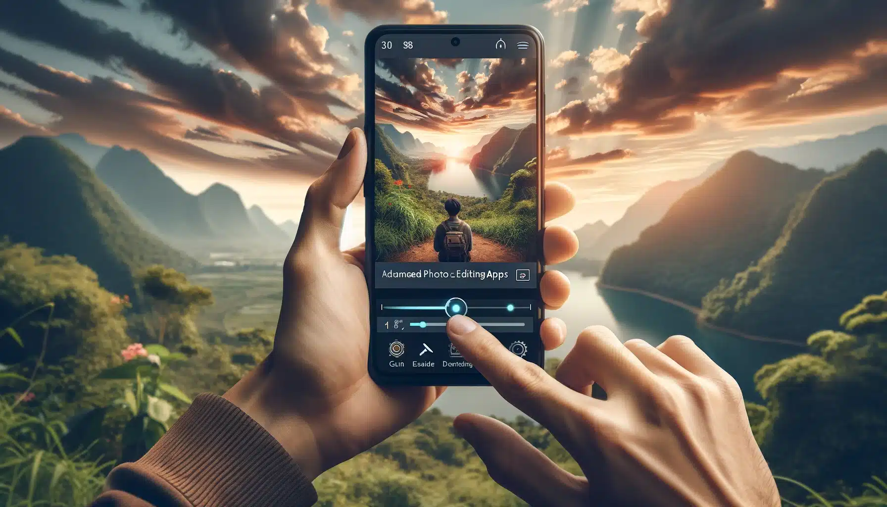 Person outdoors using a smartphone to edit a landscape photo on Best mobile photo editing apps, demonstrating the enhancement of photography through mobile apps.