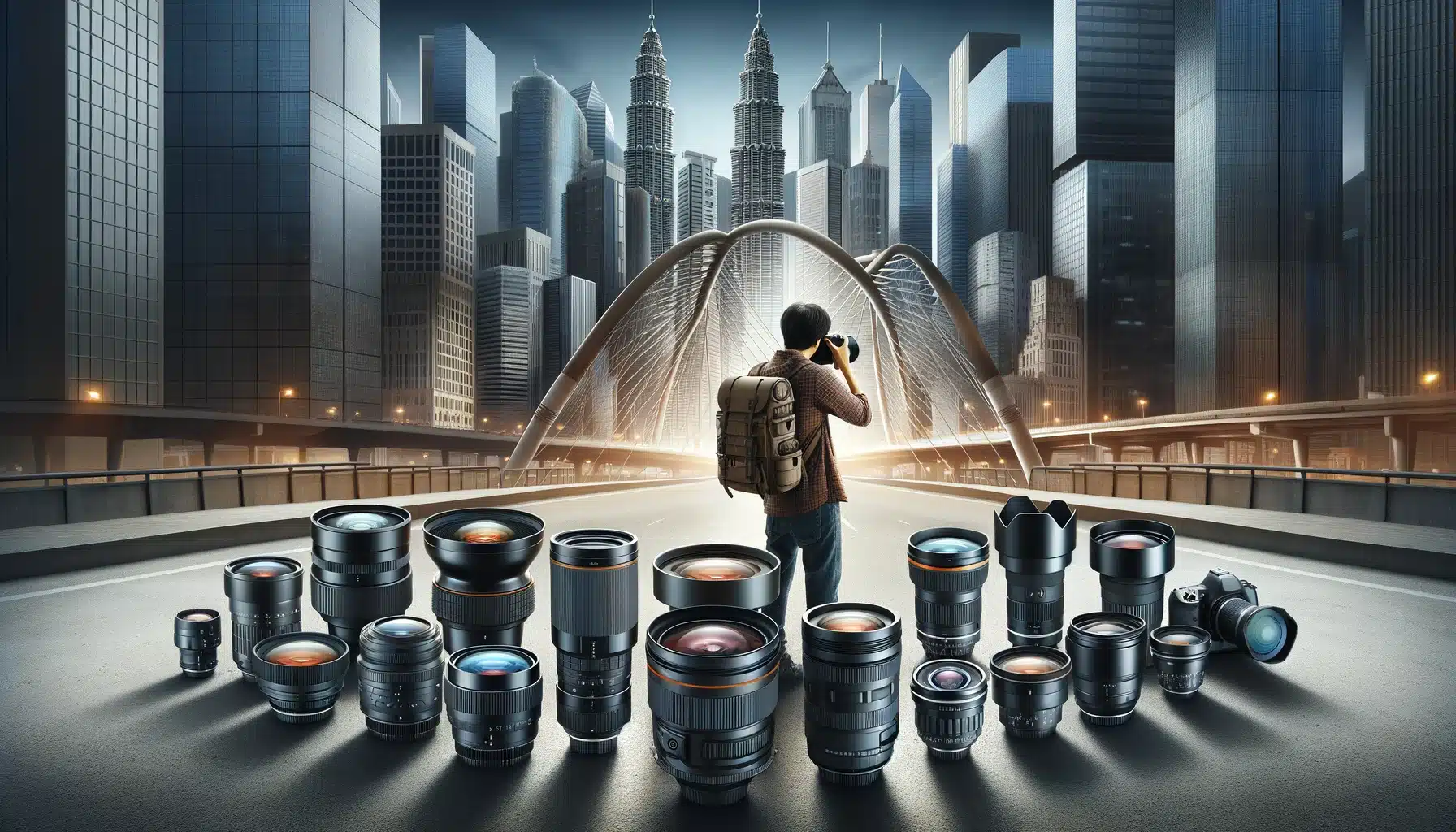 Architectural photographer in a city setting, taking photos of buildings, with dissimilar spectacles like wide-angle, telephoto, and fisheye horizon around.
