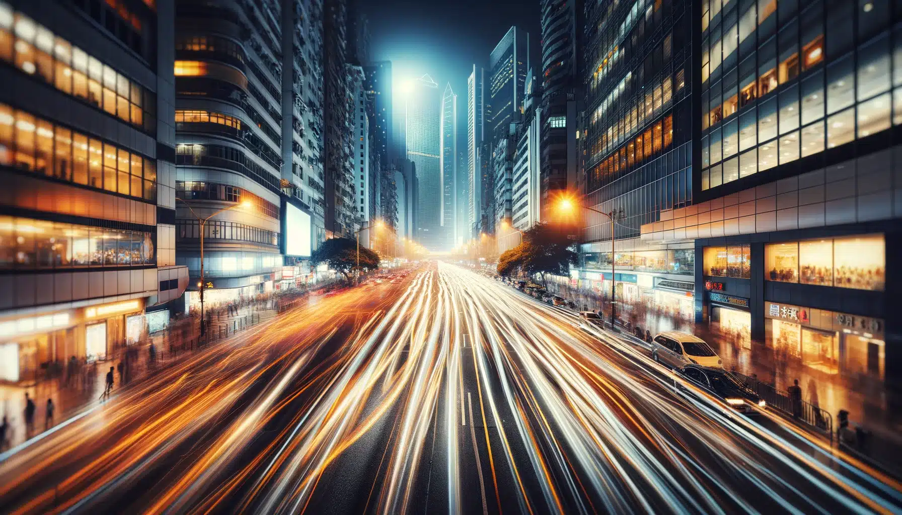 Nighttime urban street scene with locomotion unfocused effect showing the dynamic flow of cars and pedestrians.