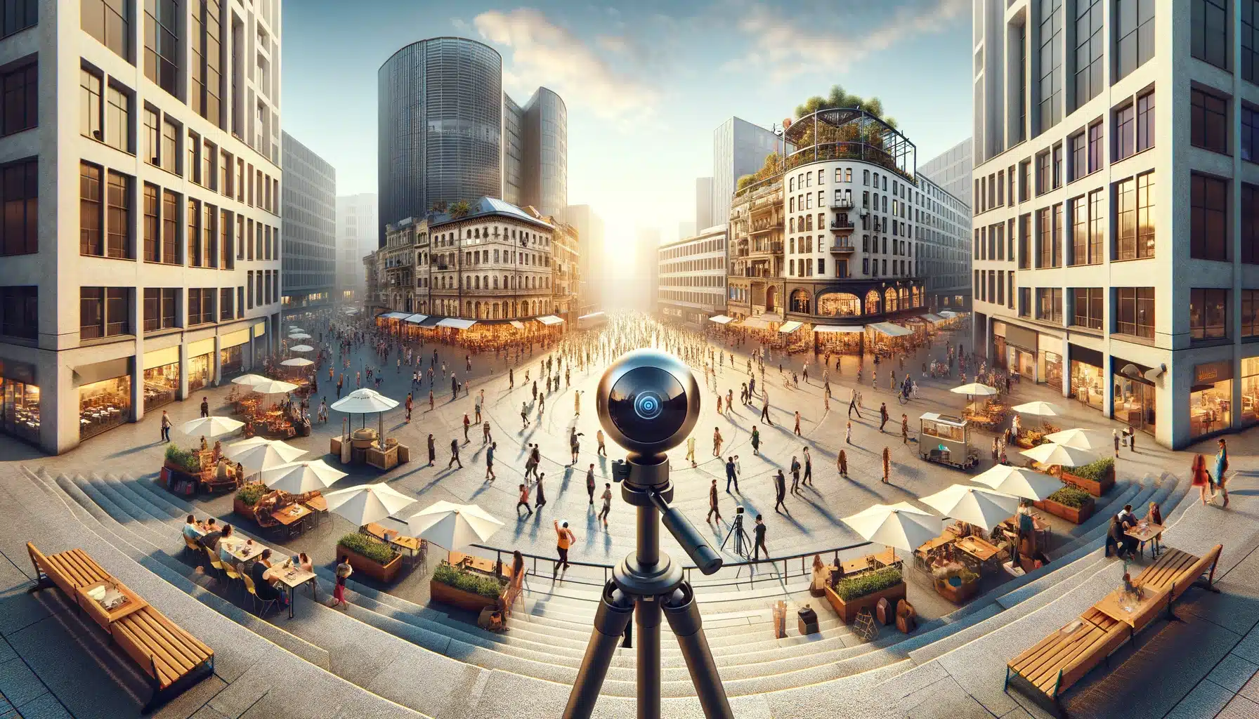 In a busy city square, a All-around image camera on a tripod captures the dynamic urban environment, with people, street performers, and a blend of modern and historical buildings.