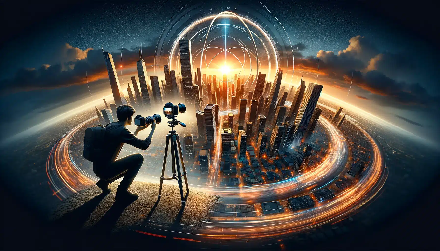 A photographer adjusts a 360-degree camera on a tripod, capturing the panoramic cityscape at sunset, with skyscrapers and dynamic city lights.