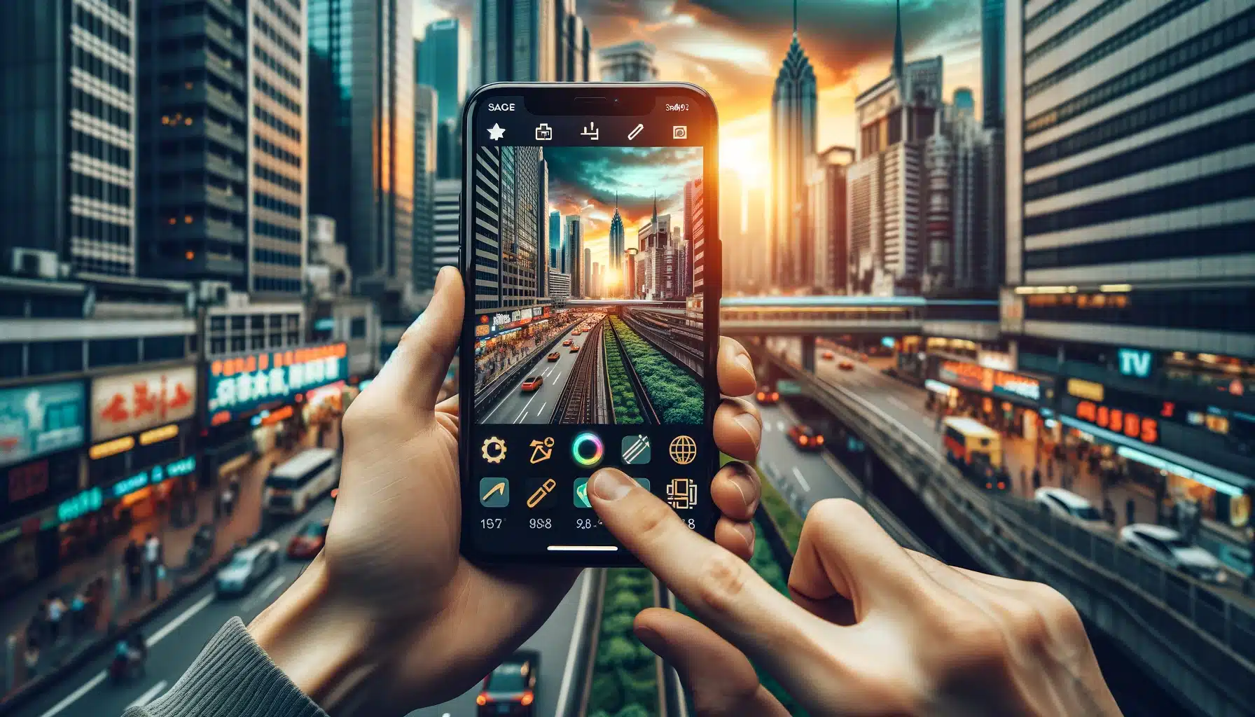 Person in a city using a smartphone with Best mobile photo editing apps to enhance an urban scene, showcasing the power of mobile editing for photography.