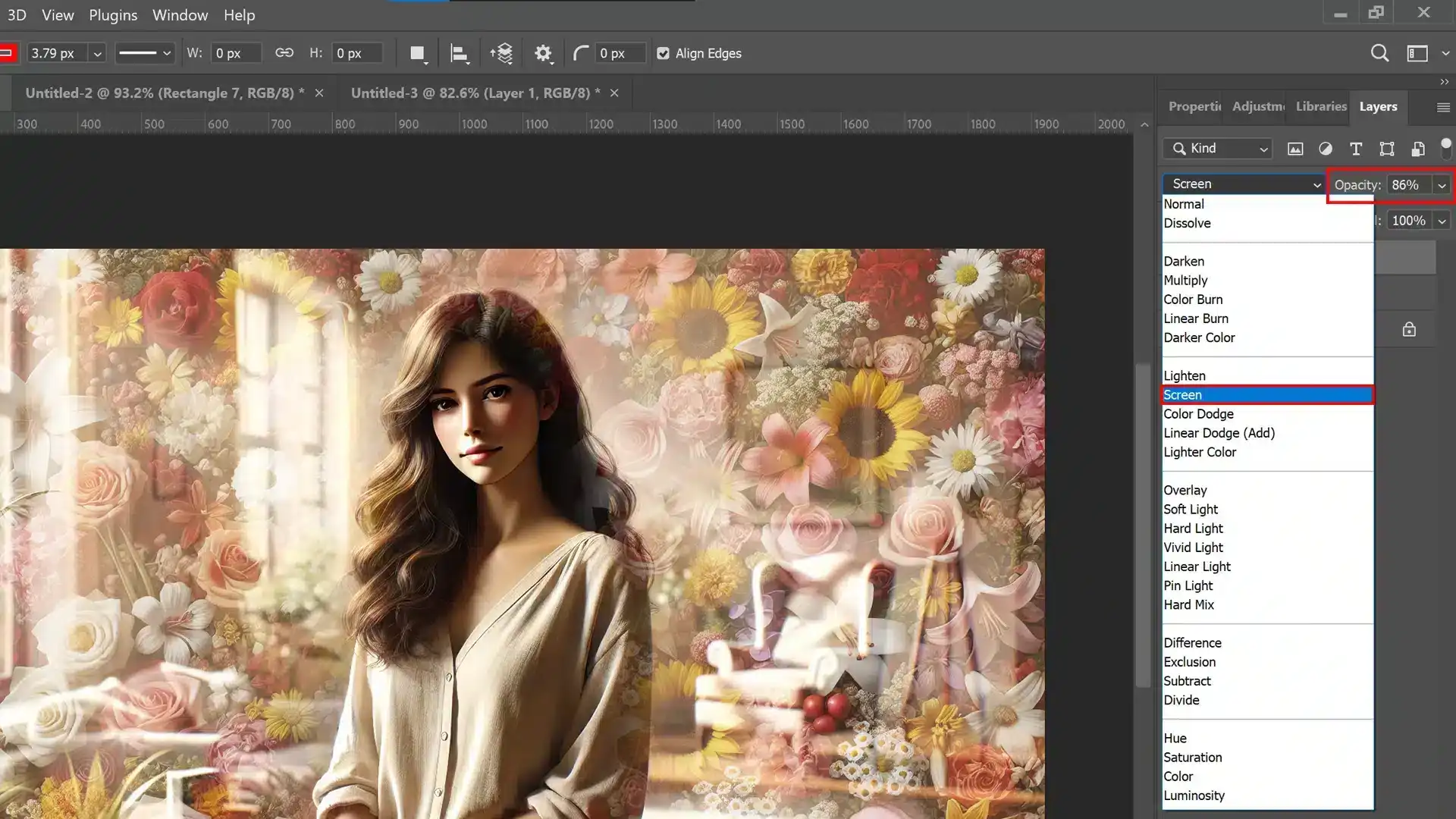 The Photoshop interface displays the use of blending modes on a layered image to enhance the effect of a layer mask.