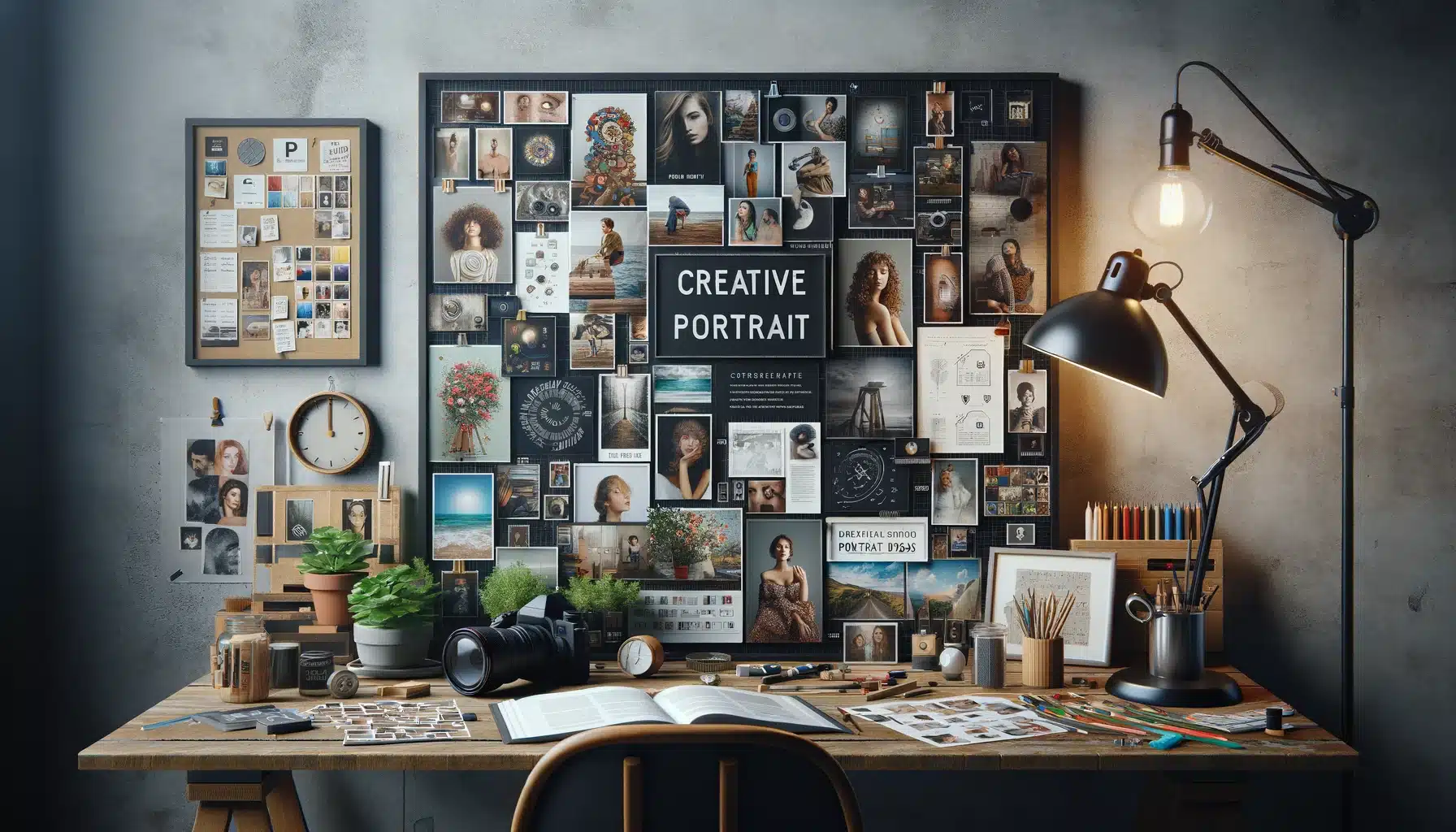 Photographer's workspace with a mood board showcasing various portrait ideas and tips