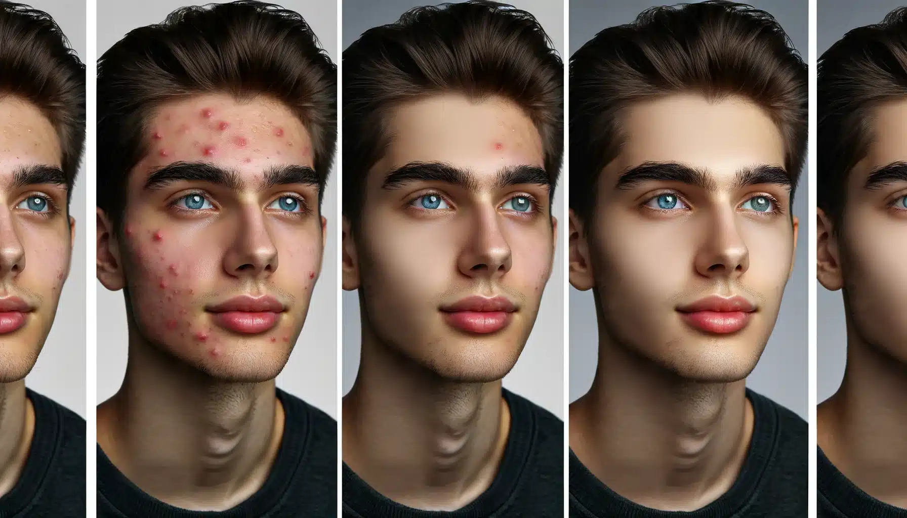 Before and after photoshop retouching tutorial on a young adult, showcasing a transition from acne and redness to clear, smooth skin.