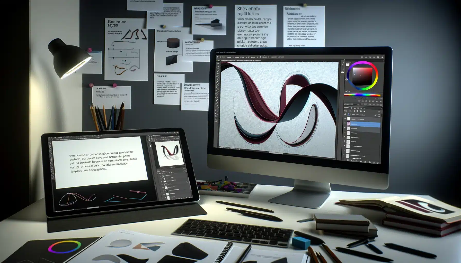 A detailed workspace exhibiting advanced layer editing and design techniques on a widescreen monitor.